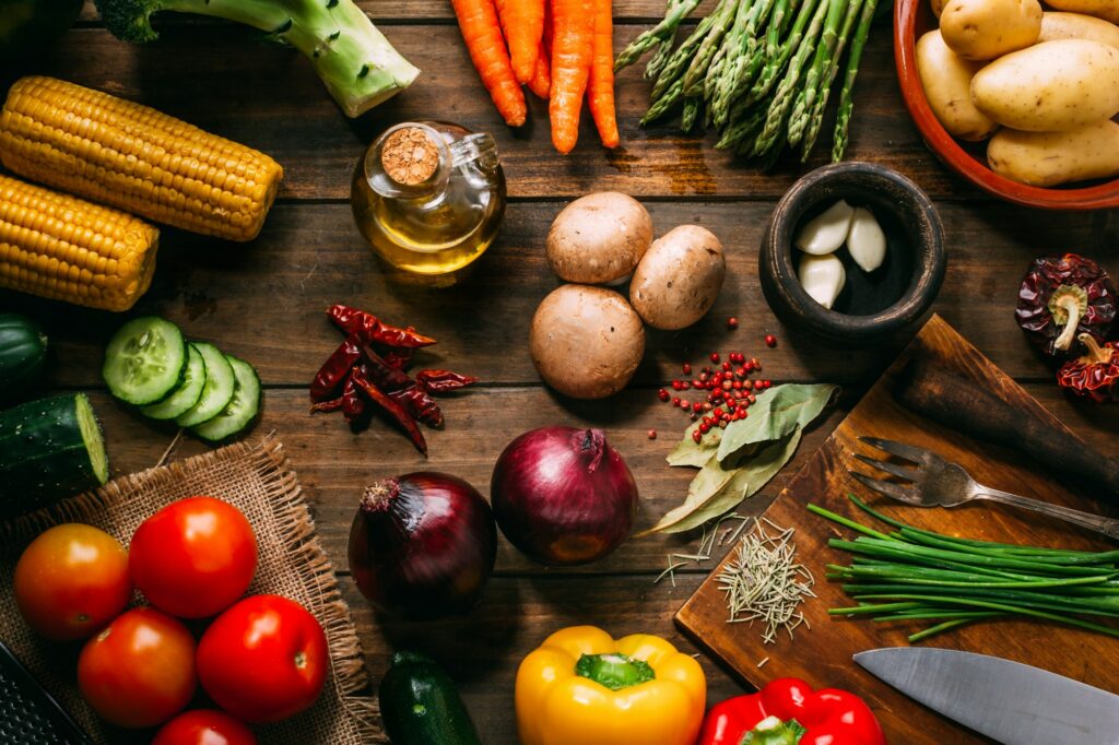 Cooking ingredients and utensils on table